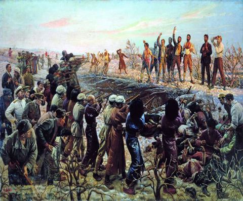Isaak Brodsky's The Execution of the Twenty Six Baku Commissars (1925) depicting the Soviet view of the execution