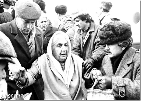 An elderly Armenian woman is one of many evacuees that escaped Baku after the massacres of Armenians by Azeris began in mid-January of 1990. 